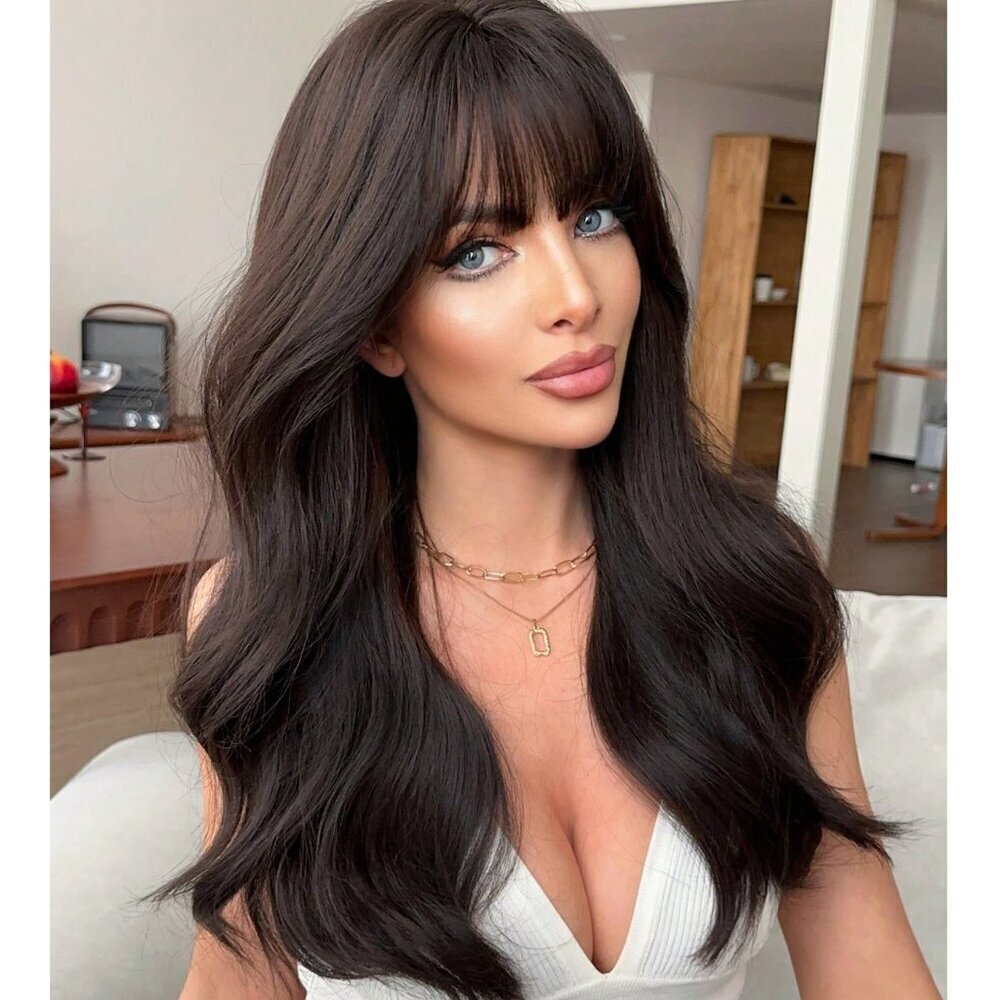 Medium lenght Wig Brown Loose Wavy Wig With Bangs | Ultra Natural Look |